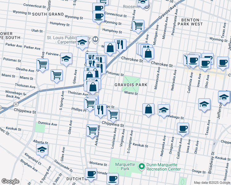 map of restaurants, bars, coffee shops, grocery stores, and more near 3543 Louisiana Avenue in St. Louis