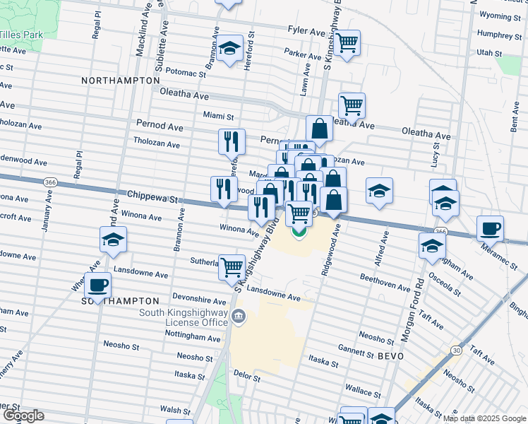 map of restaurants, bars, coffee shops, grocery stores, and more near 4928 Lindenwood Avenue in St. Louis