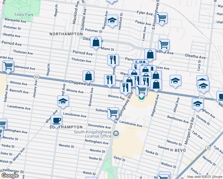map of restaurants, bars, coffee shops, grocery stores, and more near 4974 Lindenwood Avenue in St. Louis