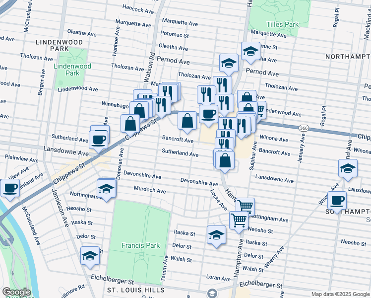 map of restaurants, bars, coffee shops, grocery stores, and more near 6303 Bancroft Avenue in St. Louis