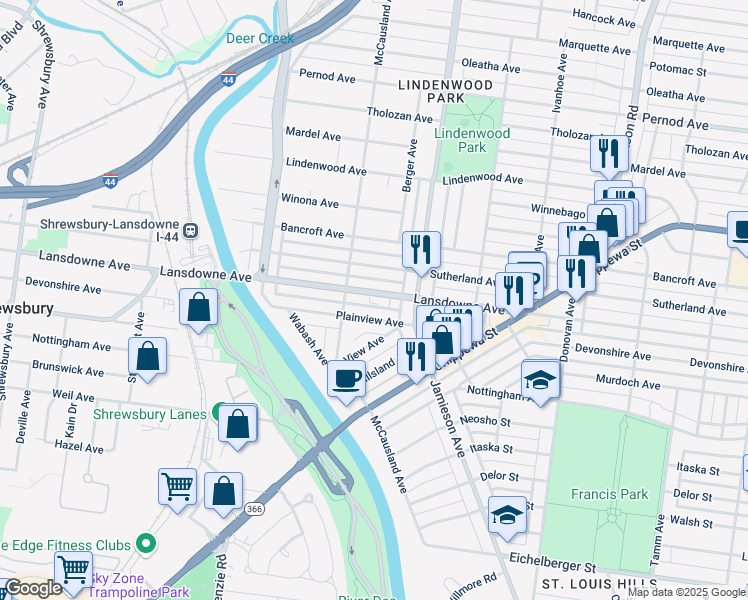 map of restaurants, bars, coffee shops, grocery stores, and more near 6965 Lansdowne Avenue in St. Louis