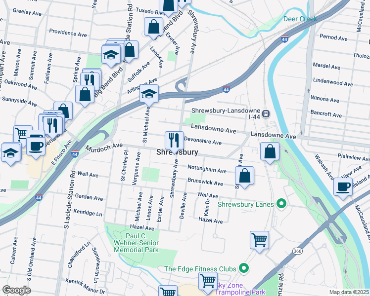 map of restaurants, bars, coffee shops, grocery stores, and more near 7501 Devonshire Avenue in St. Louis