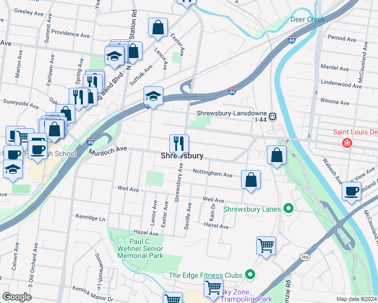 map of restaurants, bars, coffee shops, grocery stores, and more near 7501 Devonshire Avenue in St. Louis