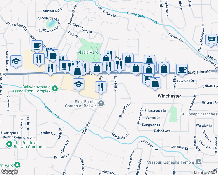 map of restaurants, bars, coffee shops, grocery stores, and more near 120 Ballwin Manor Drive in Ballwin
