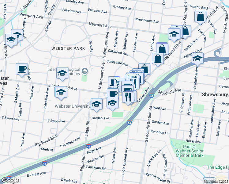 map of restaurants, bars, coffee shops, grocery stores, and more near 526 Lake Avenue in Webster Groves