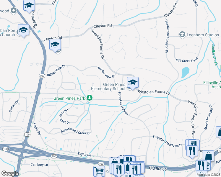 map of restaurants, bars, coffee shops, grocery stores, and more near 2319 Johnnycake Ridge Court in Ballwin