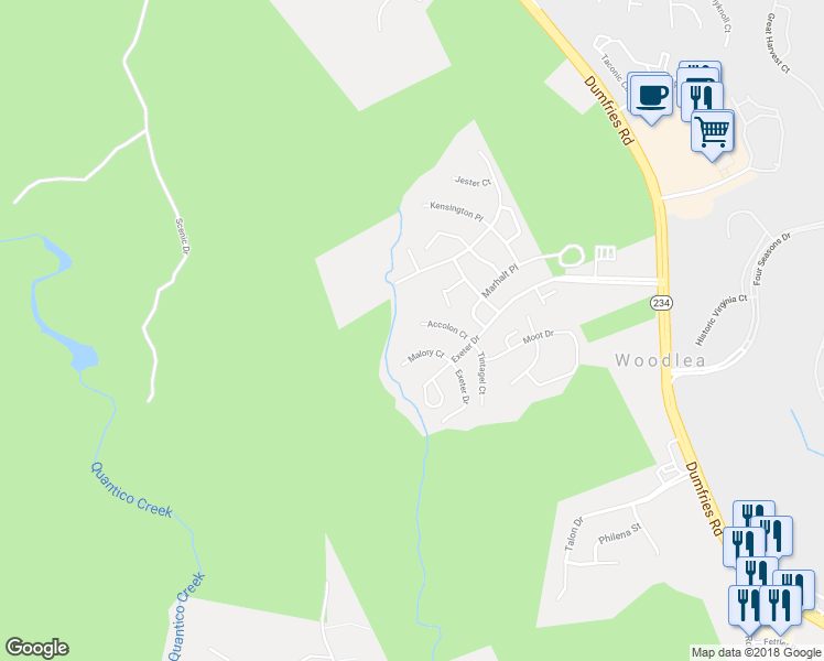 map of restaurants, bars, coffee shops, grocery stores, and more near 16602 Accolon Court in Dumfries
