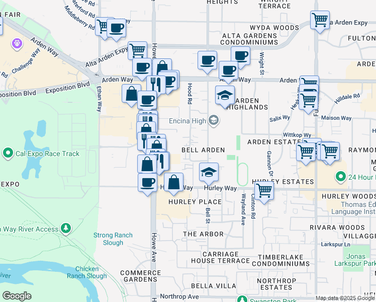 map of restaurants, bars, coffee shops, grocery stores, and more near 1413 Hood Road in Sacramento