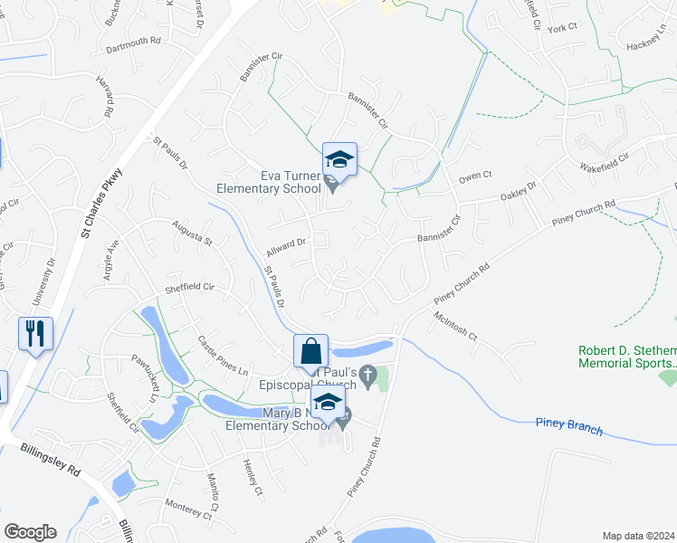 map of restaurants, bars, coffee shops, grocery stores, and more near 5128 Shepherd Drive in Saint Charles
