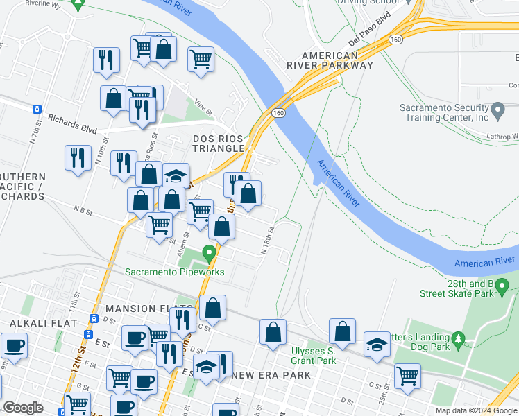 map of restaurants, bars, coffee shops, grocery stores, and more near 1614 Basler Street in Sacramento