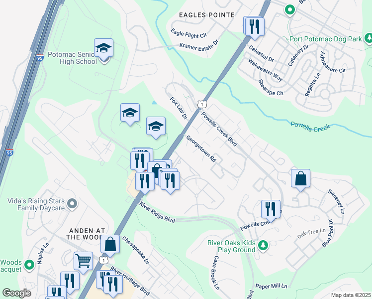 map of restaurants, bars, coffee shops, grocery stores, and more near 2921 Williamsburg Court in Woodbridge
