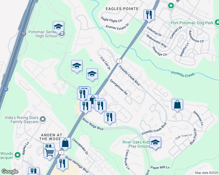 map of restaurants, bars, coffee shops, grocery stores, and more near 2921 Williamsburg Court in Woodbridge