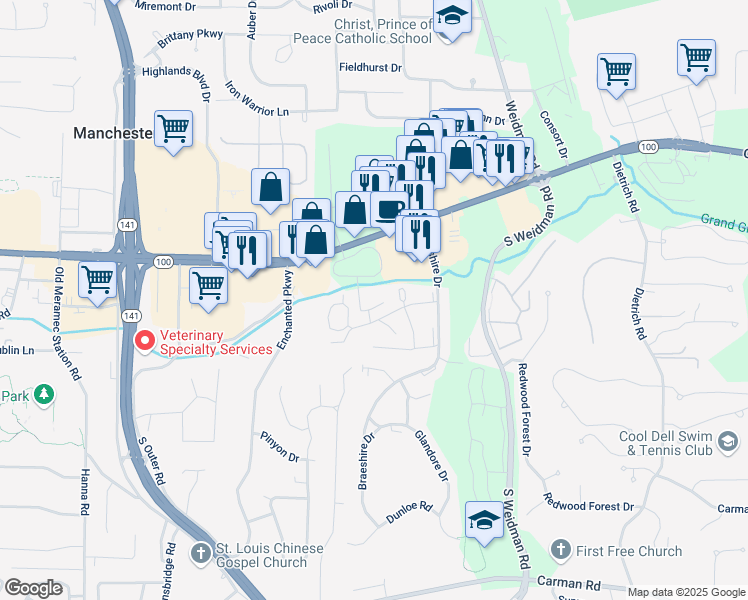 map of restaurants, bars, coffee shops, grocery stores, and more near 1246 Knollhaven Drive in Ballwin