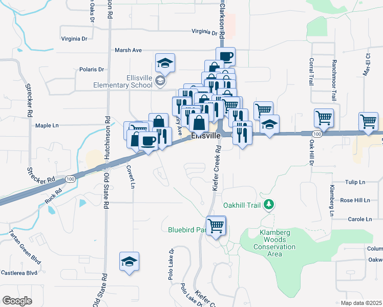 map of restaurants, bars, coffee shops, grocery stores, and more near 15950 Manchester Road in Ellisville