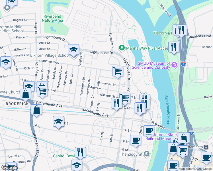 map of restaurants, bars, coffee shops, grocery stores, and more near 613 Welland Way in West Sacramento