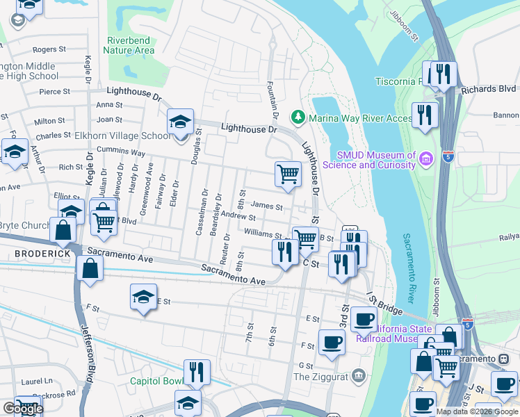 map of restaurants, bars, coffee shops, grocery stores, and more near 613 Welland Way in West Sacramento