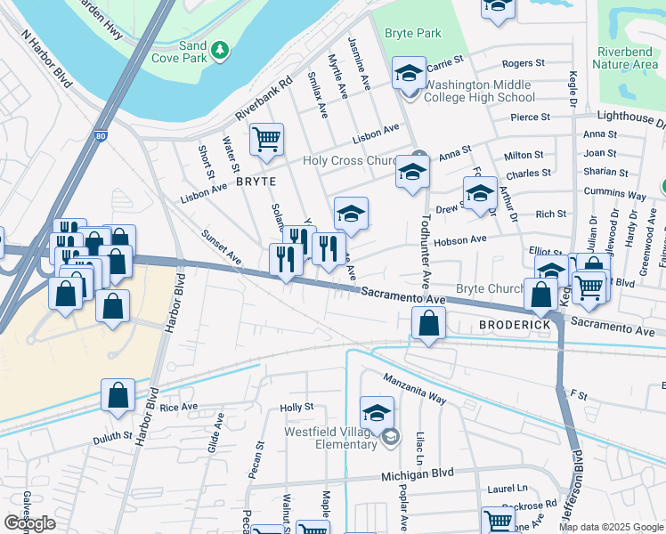 map of restaurants, bars, coffee shops, grocery stores, and more near 1506 Hobson Avenue in West Sacramento