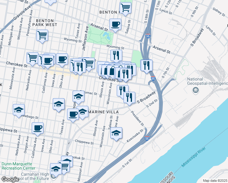 map of restaurants, bars, coffee shops, grocery stores, and more near 3420 Wisconsin Avenue in St. Louis