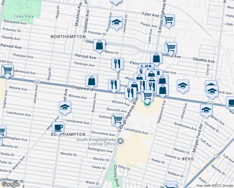 map of restaurants, bars, coffee shops, grocery stores, and more near 4974 Lindenwood Avenue in St. Louis
