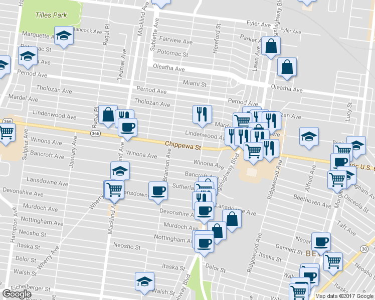 map of restaurants, bars, coffee shops, grocery stores, and more near 5016 Chippewa Street in St. Louis
