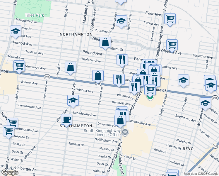 map of restaurants, bars, coffee shops, grocery stores, and more near 5016 Chippewa Street in St. Louis