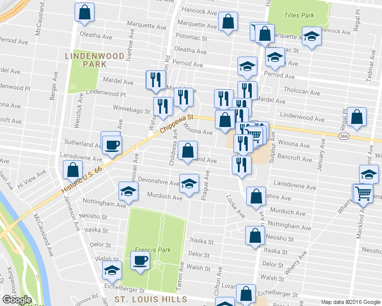map of restaurants, bars, coffee shops, grocery stores, and more near 6346 Bancroft Avenue in St. Louis
