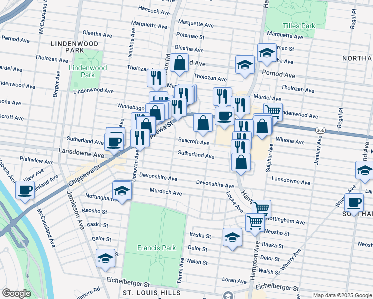 map of restaurants, bars, coffee shops, grocery stores, and more near 6346 Bancroft Avenue in St. Louis