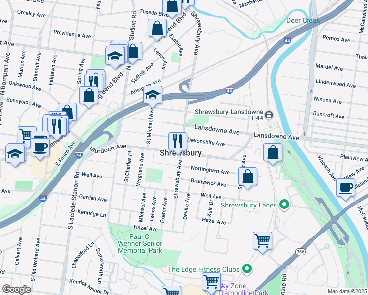 map of restaurants, bars, coffee shops, grocery stores, and more near 7501 Devonshire Avenue in St. Louis