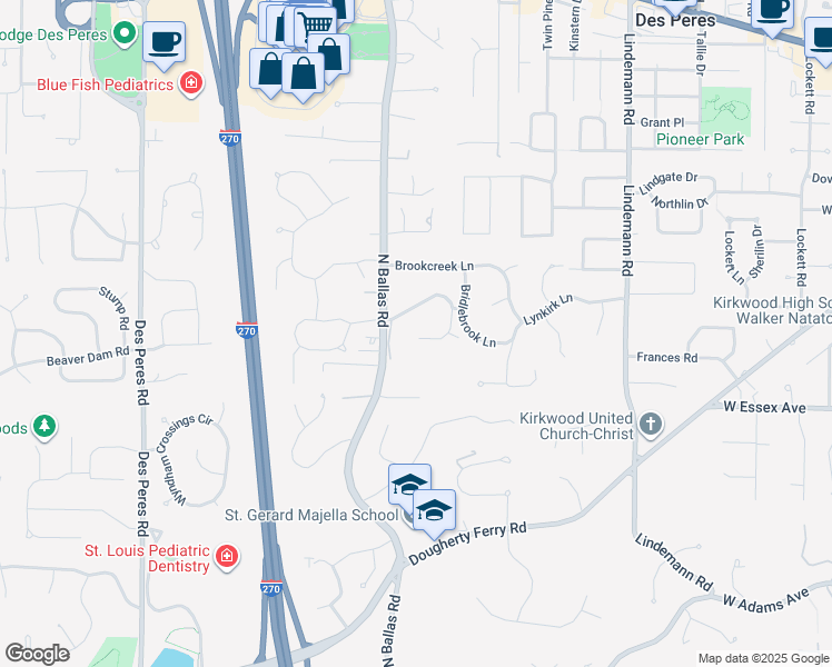 map of restaurants, bars, coffee shops, grocery stores, and more near 2012 Trailcrest Lane in Kirkwood