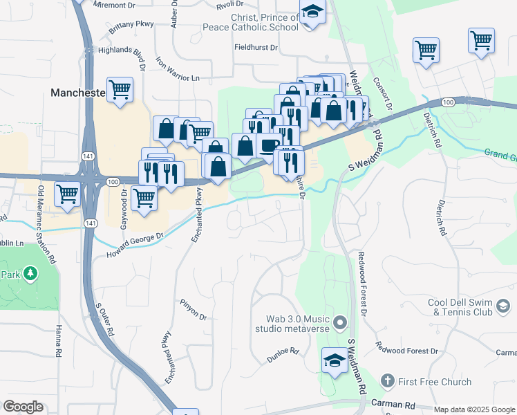 map of restaurants, bars, coffee shops, grocery stores, and more near 1246 Knollhaven Drive in Ballwin