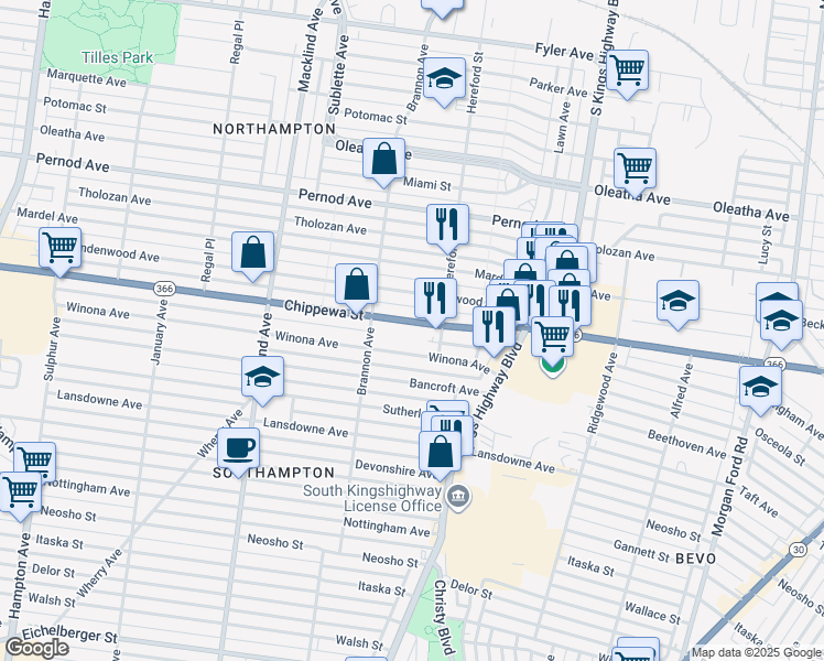 map of restaurants, bars, coffee shops, grocery stores, and more near 5028 Chippewa Street in St. Louis
