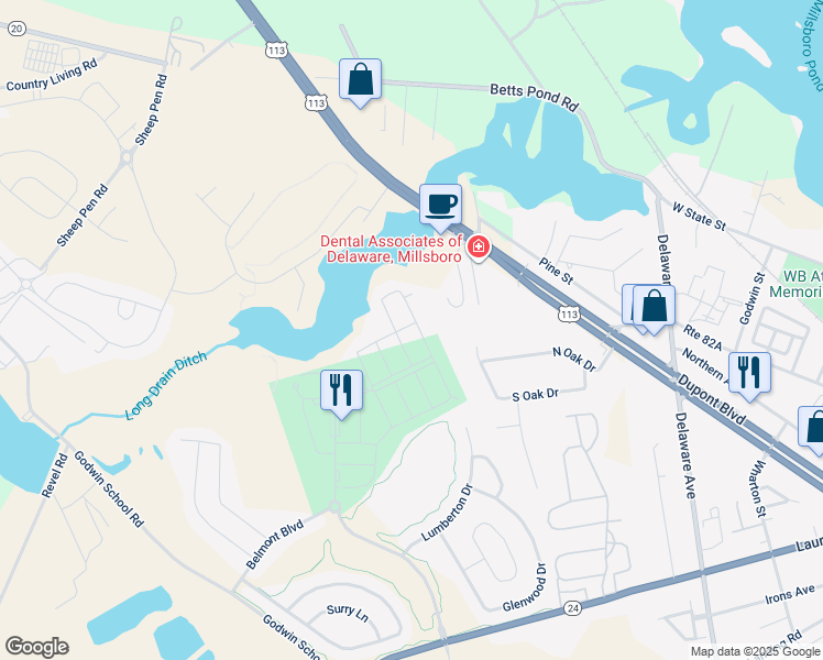 map of restaurants, bars, coffee shops, grocery stores, and more near 20556 Asheville Drive in Millsboro
