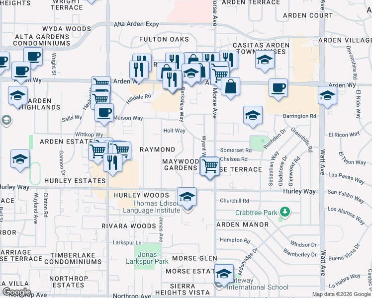 map of restaurants, bars, coffee shops, grocery stores, and more near 1432 Topaz Way in Sacramento