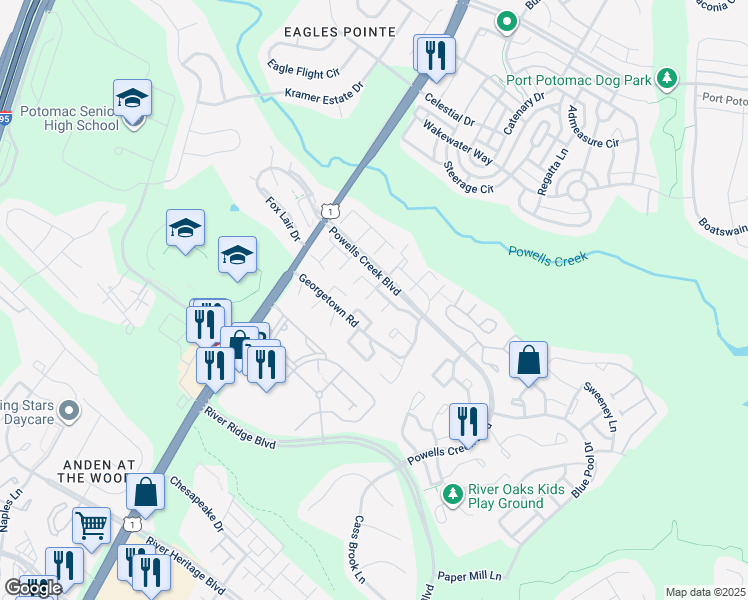 map of restaurants, bars, coffee shops, grocery stores, and more near 16609 Fern Place in Woodbridge