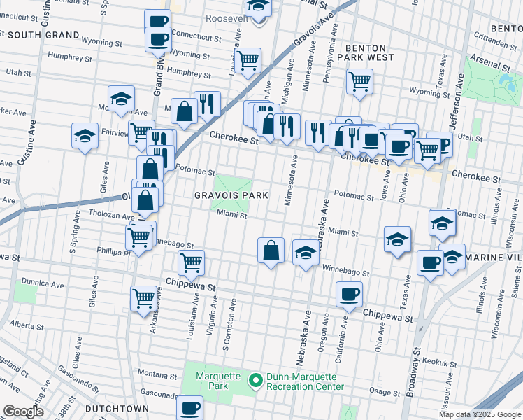 map of restaurants, bars, coffee shops, grocery stores, and more near 3526 South Compton Avenue in St. Louis