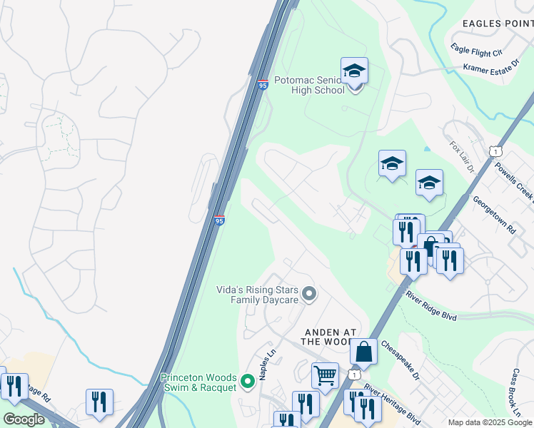 map of restaurants, bars, coffee shops, grocery stores, and more near 16525 Telescope Lane in Dumfries