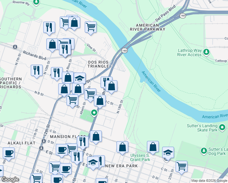 map of restaurants, bars, coffee shops, grocery stores, and more near 1610 Basler Street in Sacramento