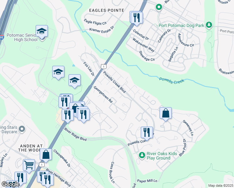 map of restaurants, bars, coffee shops, grocery stores, and more near 16609 Fern Place in Woodbridge