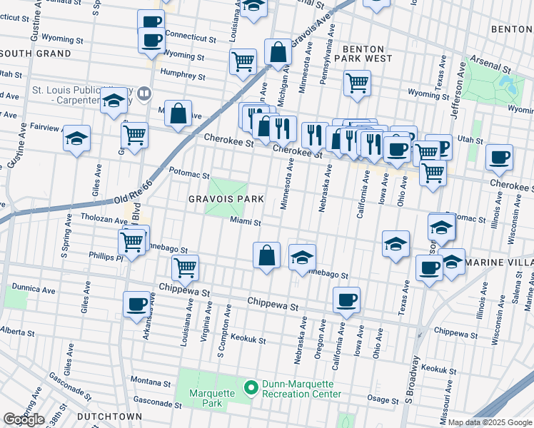 map of restaurants, bars, coffee shops, grocery stores, and more near 3544 Michigan Avenue in St. Louis