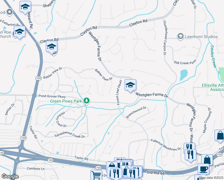map of restaurants, bars, coffee shops, grocery stores, and more near 2326 Johnnycake Ridge Court in Ballwin