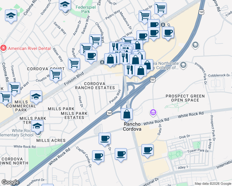 map of restaurants, bars, coffee shops, grocery stores, and more near 10730 Sterling Wood Way in Rancho Cordova