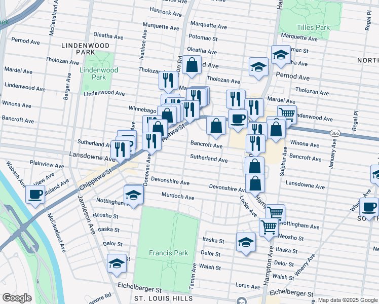map of restaurants, bars, coffee shops, grocery stores, and more near 6400 Bancroft Avenue in St. Louis