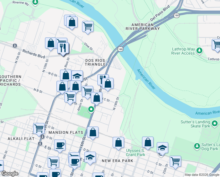 map of restaurants, bars, coffee shops, grocery stores, and more near 1610 Basler Street in Sacramento