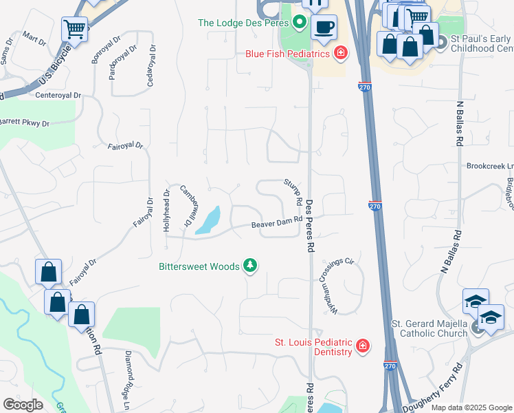 map of restaurants, bars, coffee shops, grocery stores, and more near 784 Haw Thicket Lane in Des Peres