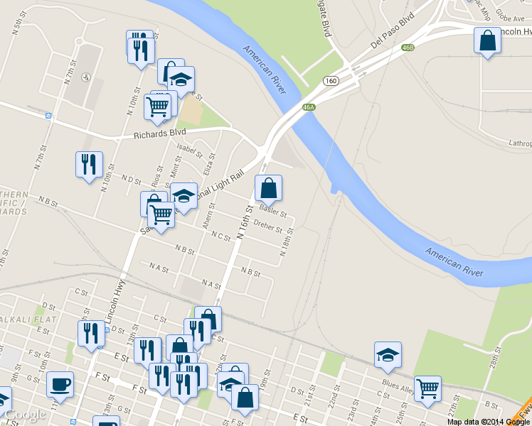 map of restaurants, bars, coffee shops, grocery stores, and more near in Sacramento
