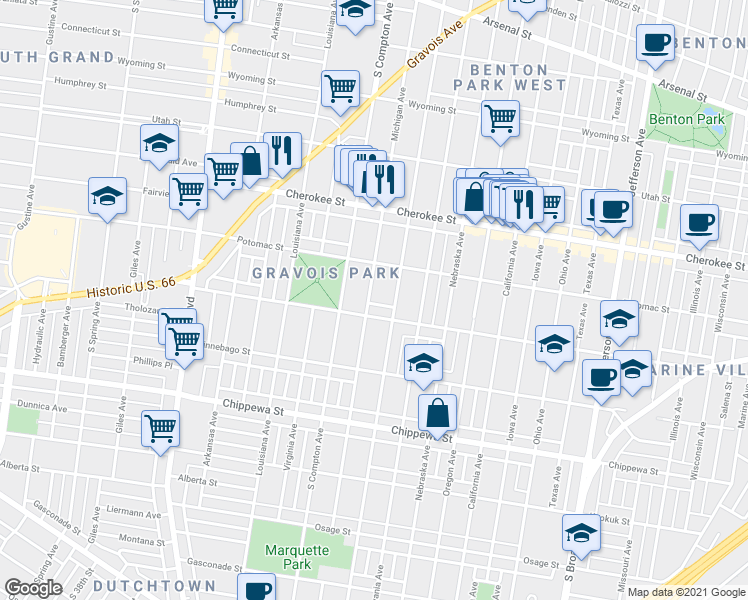 map of restaurants, bars, coffee shops, grocery stores, and more near 3523 Minnesota Avenue in St. Louis