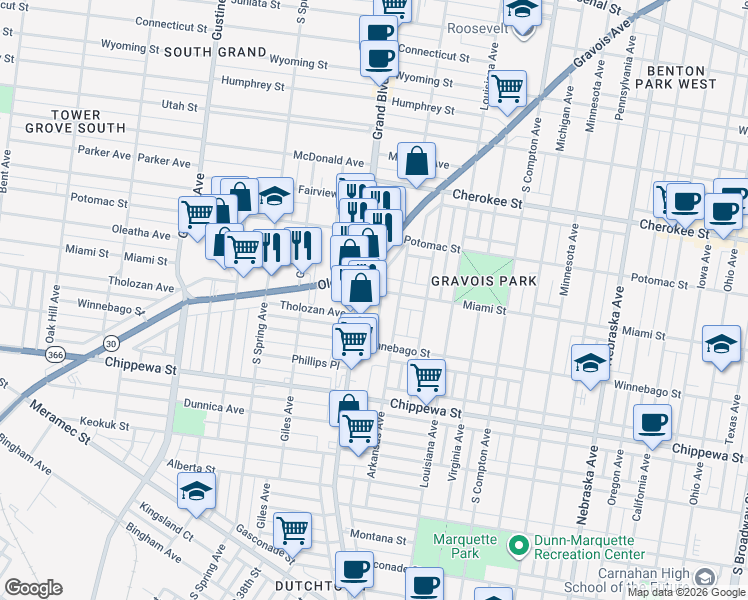 map of restaurants, bars, coffee shops, grocery stores, and more near 3519 Miami Street in St. Louis