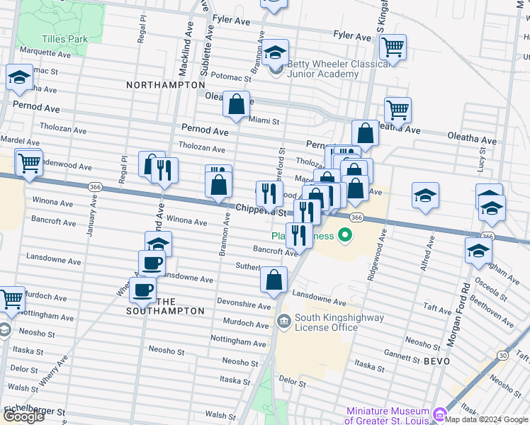 map of restaurants, bars, coffee shops, grocery stores, and more near 5016 Chippewa Street in St. Louis