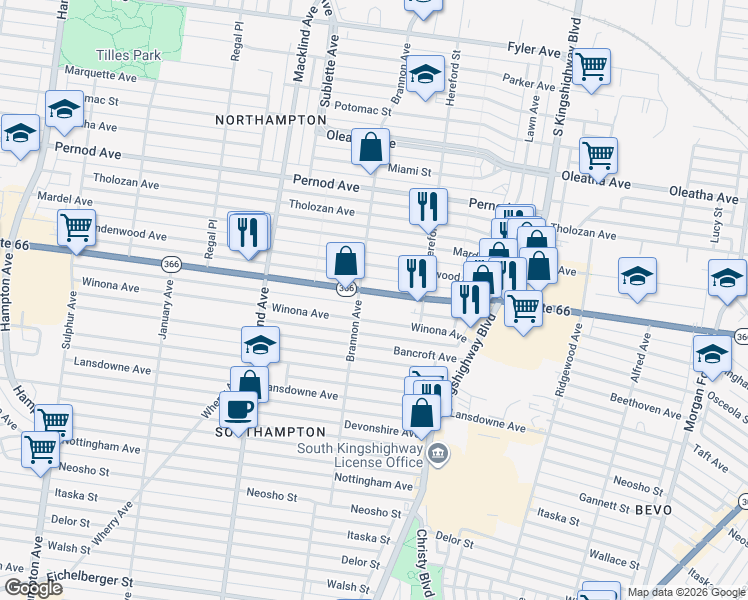 map of restaurants, bars, coffee shops, grocery stores, and more near 5069 Chippewa Street in St. Louis