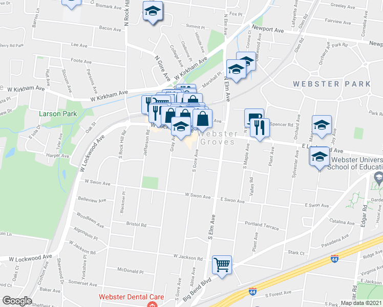 map of restaurants, bars, coffee shops, grocery stores, and more near 20 Gray Avenue in Webster Groves
